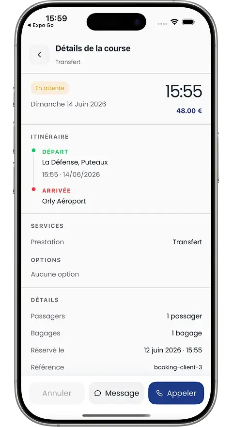 Détails de course côté client avec options de contact