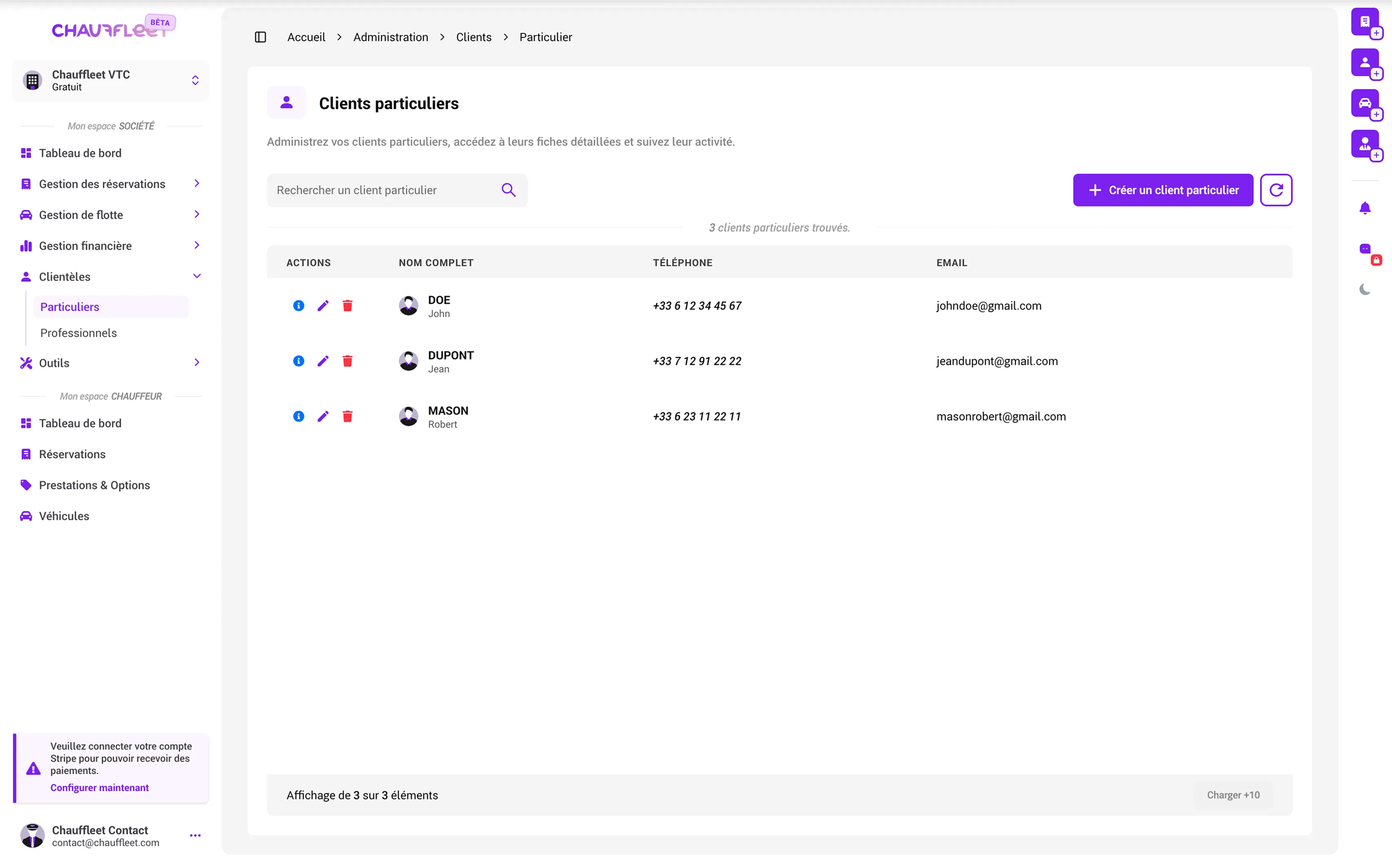 Interface Gestion Clients VTC