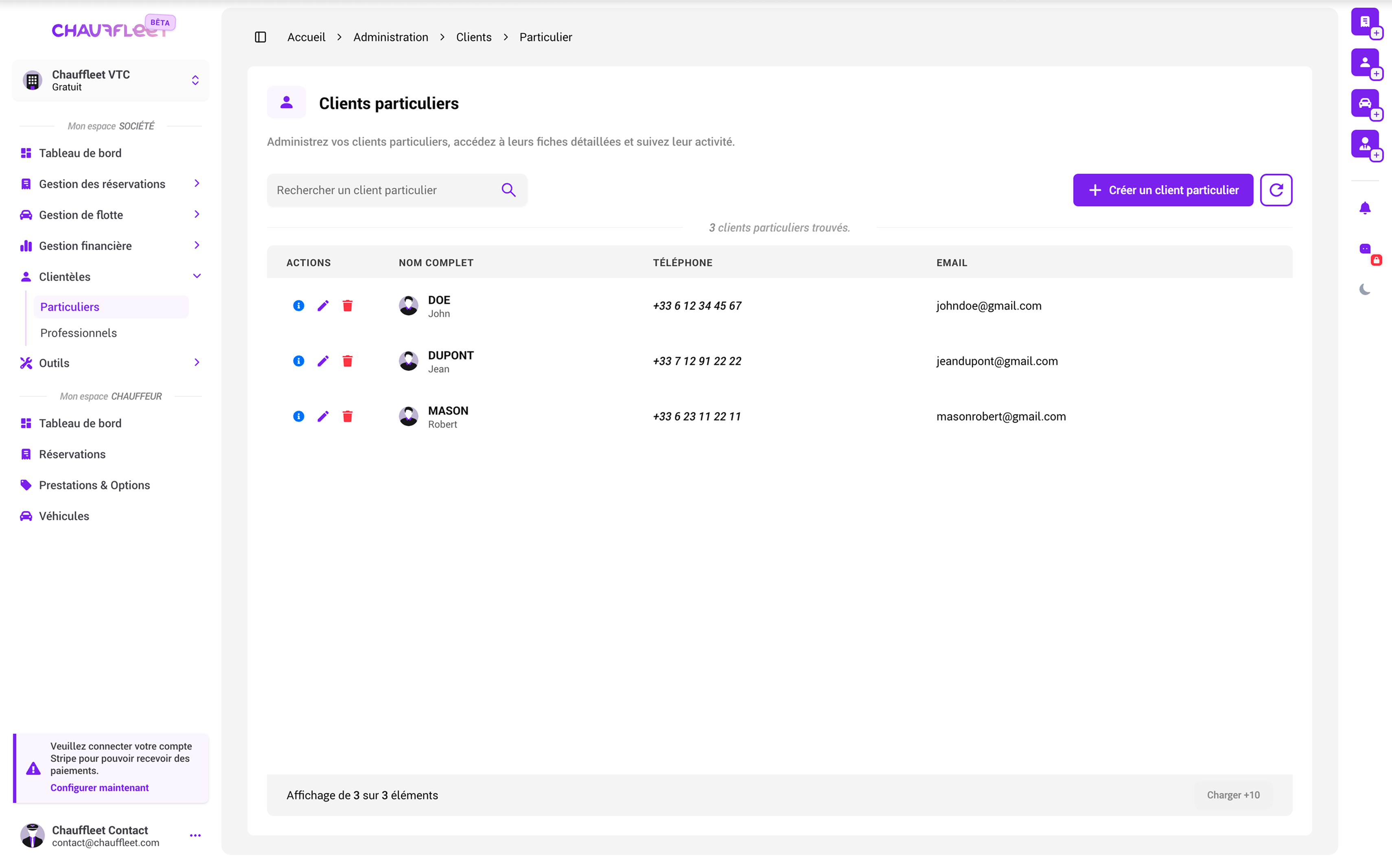 Interface Gestion Clients VTC