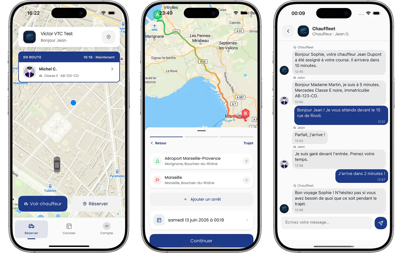 Pré-visualização das apps móveis Chauffleet para motoristas e clientes