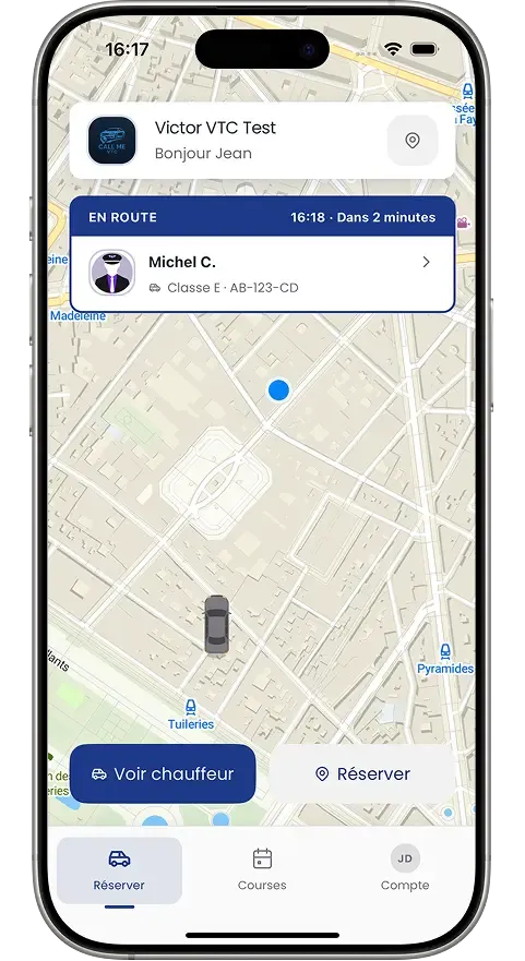 Écran d'accueil et réservation de l'app cliente VTC