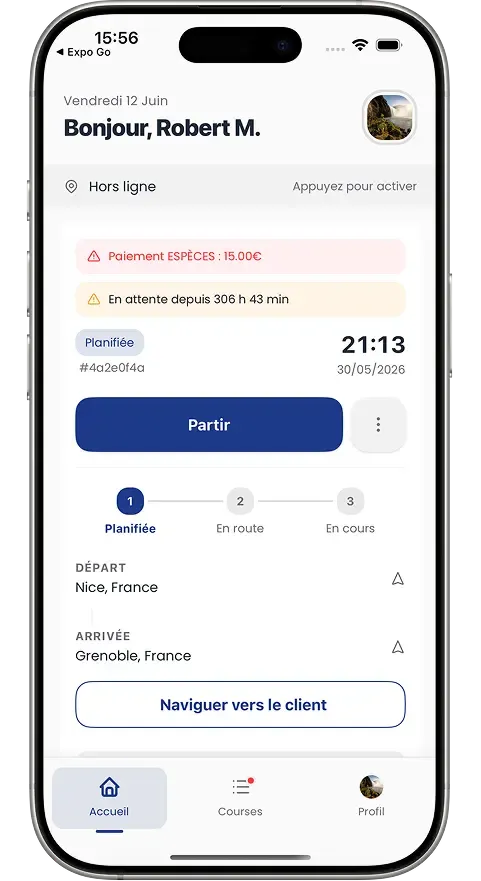 Écran chauffeur avec navigation vers le client