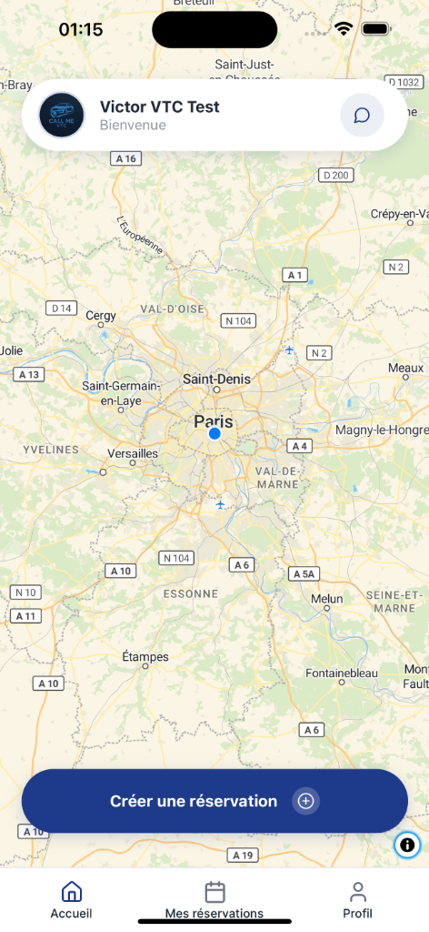 Interface d'accueil application chauffeur VTC