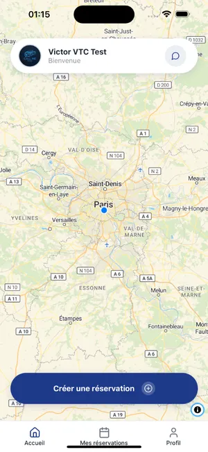 Interface d'accueil application chauffeur VTC