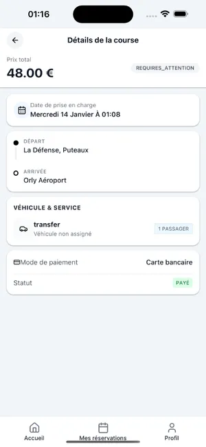 Détails d'une course et statut de paiement