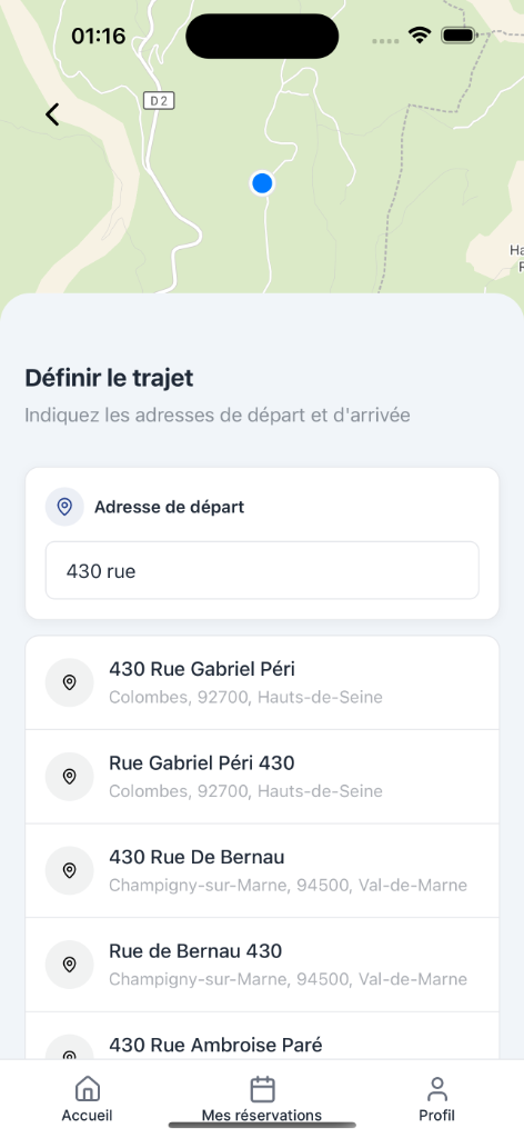 Ecran de navigation et définition du trajet