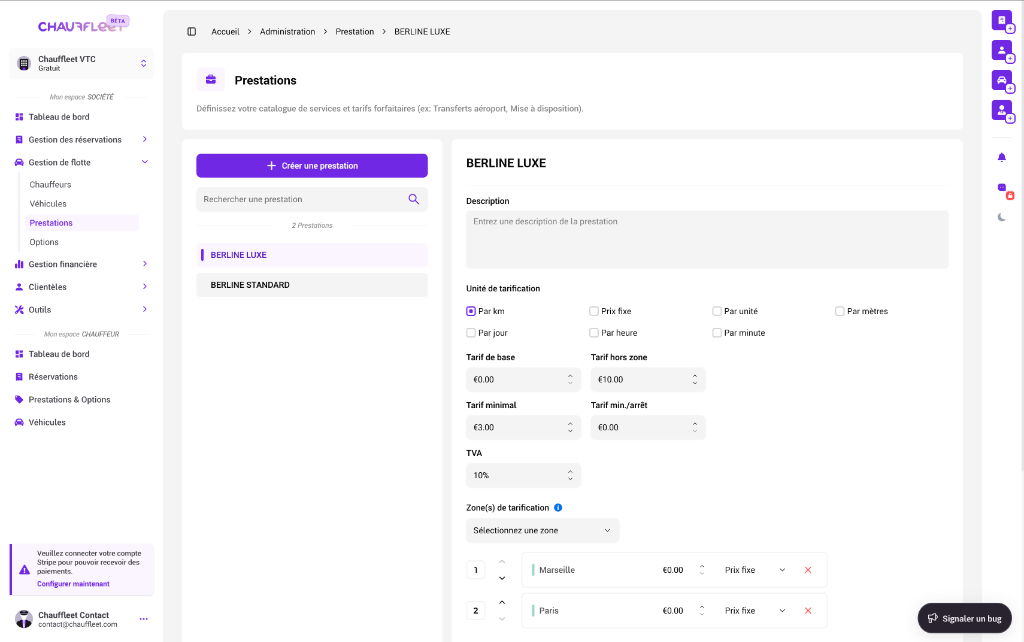 Interface de configuration des prestations VTC
