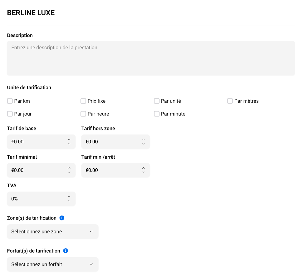 Formulaire de configuration d'une grille tarifaire VTC