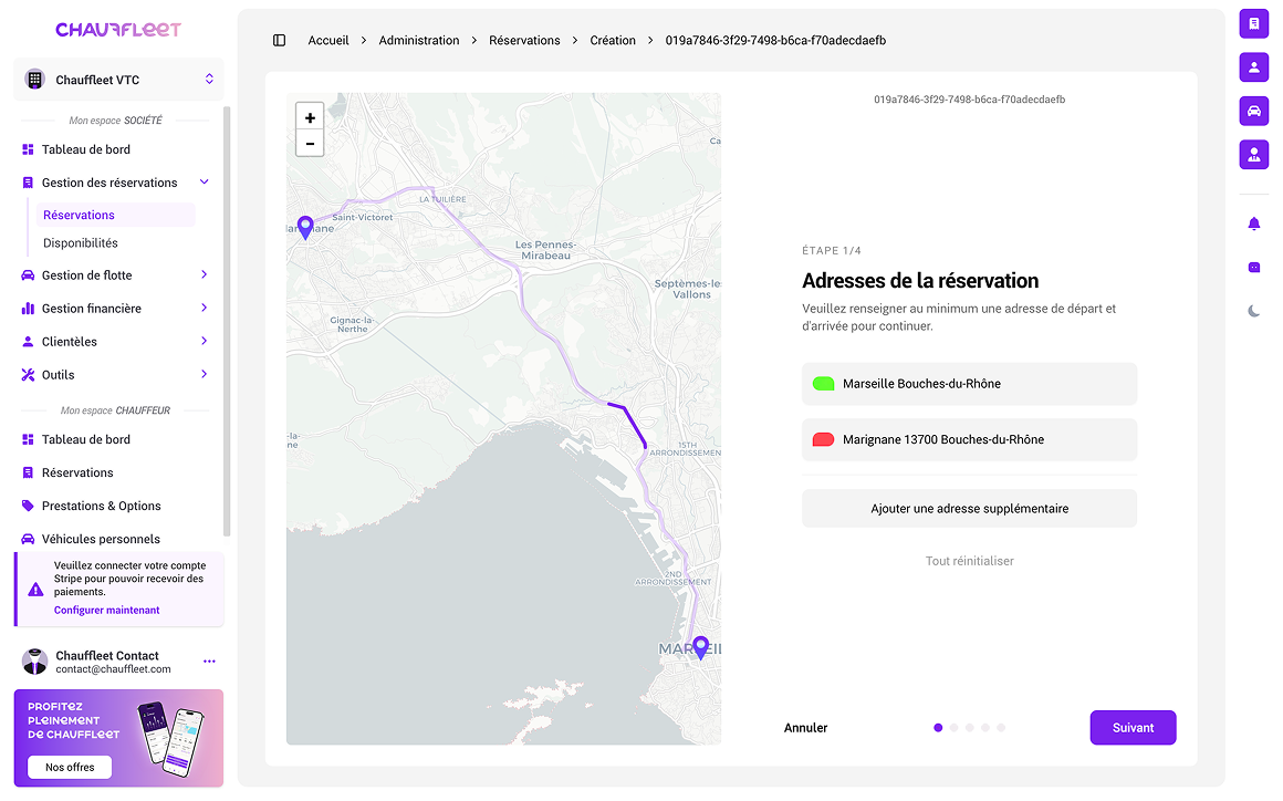 Interface de création de réservation