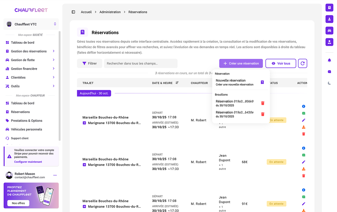 Interface de gestion des réservations Chauffleet