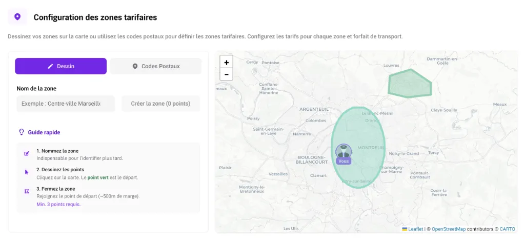 Interface de dessin de zones tarifaires VTC sur une carte