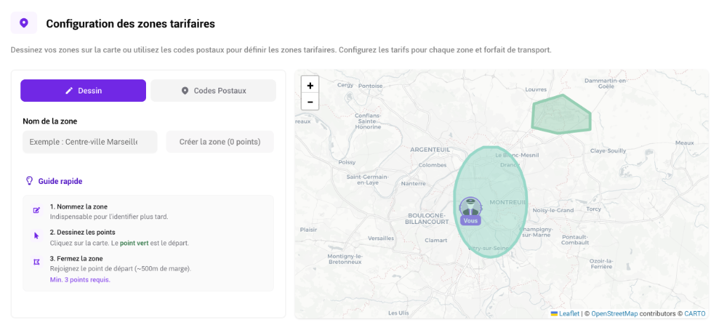 Interface de dessin de zones tarifaires VTC sur une carte